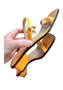LOUIS VUITTON Orange Patent Leather Gold Brass LV cube Flat Strapy Sandal 40.5 9 - Picture 1 of 11