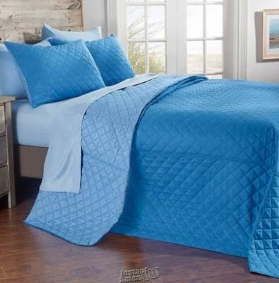 Microfiber Bedspread Set Light Blue Queen Bedroom 2 Shams Polyester Reversible - Image 1 of 2