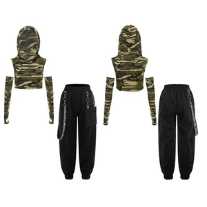 Kids Girls Hip-Hop Jazz Dance Sets Camouflage Hooded Crop Top and Harem Pants - Picture 1 of 9
