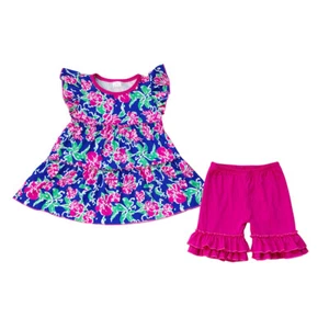Kids Baby Girls Boutique Outfit Butterfly Tunic Pearl Top Ruffle Shorts Set - Picture 1 of 8