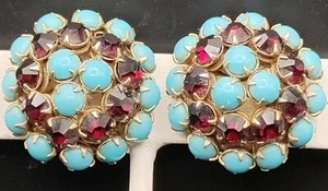 Hattie Carnegie (Carnegie) Ohrringe blau & rot geknöpft gewölbt - Bild 1 von 6