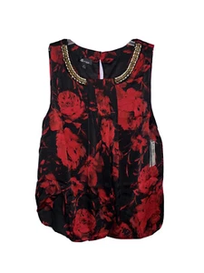 AB Studio Woman Size 1X Blouse Shirt Floral Red Black Christmas Jewelry Neck - Picture 1 of 8