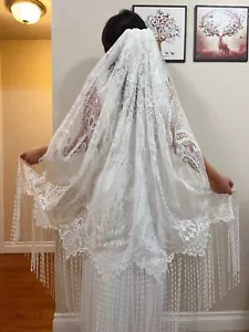 vintage white wedding veil, Fringe Lace Veil, victory tassels veil - Picture 1 of 7