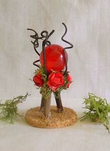 Fairy Garden Miniature GAZING BALL Twig Moss Roses Handmade VT ~~  CARDINAL RED