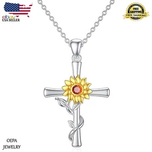 925 Sterling Silver Cross Necklace Sunflower for Women Sunflower Cross Necklace - Picture 1 of 6