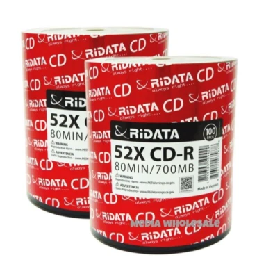 200 RIDATA 52X Blank CD-R CDR Branded Logo 700MB Recordable Media Disc 2x100pk - Image 1 of 4