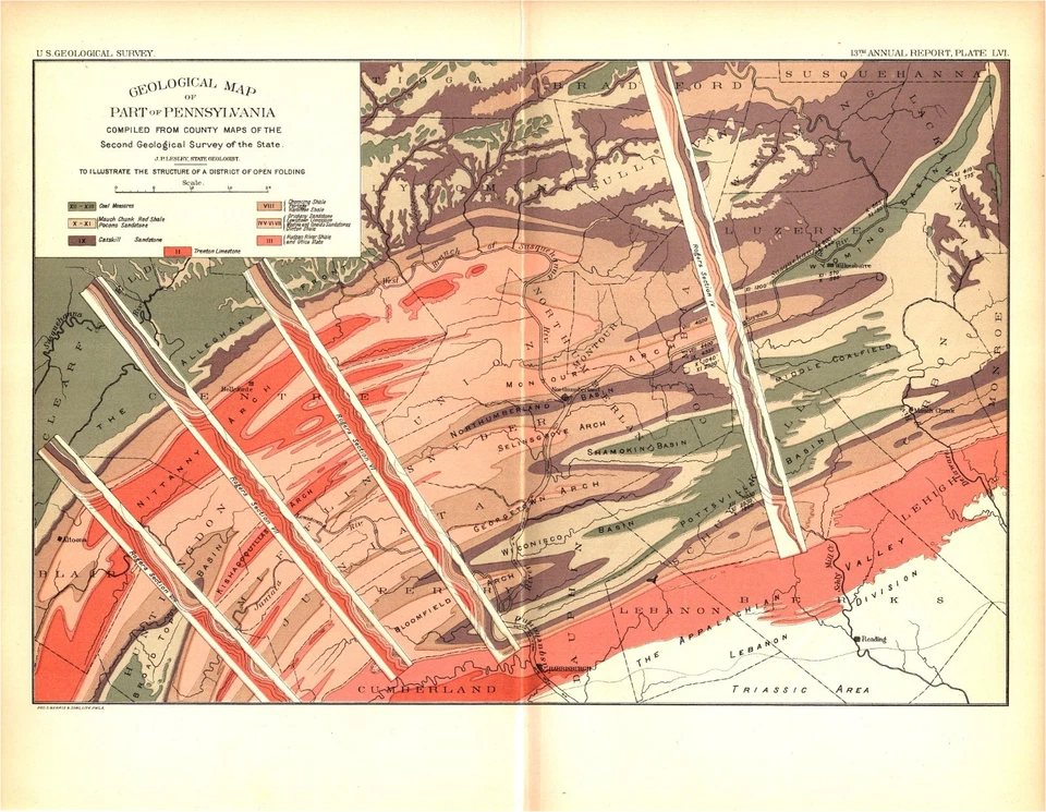MAUCH CHUNK, ALTOONA, HARRISBURGH, PENNSYLVANIA, GEOLOGÍA Mapa antiguo 1893 Foto 1 de 1