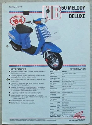 HONDA NB50 Melody Deluxe NB50MS-E Sales Specification Leaflet Feb 1984 - Image 1 of 2