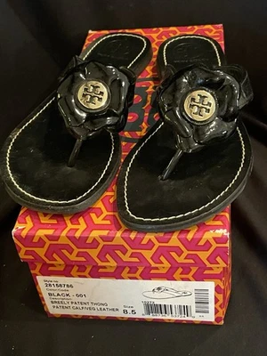 Tory Burch Women’s Size 8.5 Breely Black Flower Patent Leather Sandal Flip Flop - Image 1 of 4