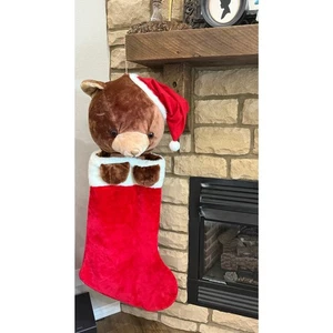 Vintage 80s Christmas Stocking Plush 3D Teddy Bear Santa Hat 48" Humongous XL - Picture 1 of 13