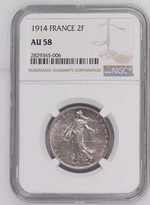 1914 FRANCE Silver 2 FRANCS NGC AU-58 KM#845.1 - Image 1 of 4