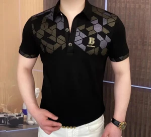 New Men Luxury Diamond Rhinestones Fashion Black Polo T-Shirt High Quality - Picture 1 of 6