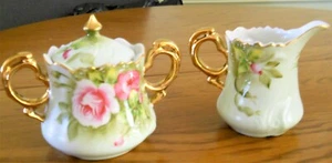 1920'S Lefton Heritage Green Cabbage Rose Cream And Sugar Hand Painted 3066 - Picture 1 of 14