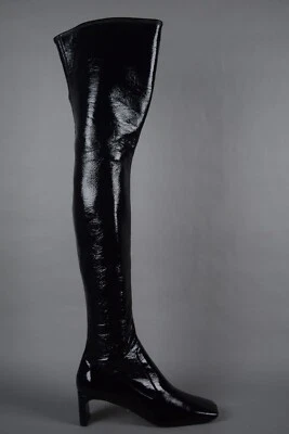 全新带盒 1200 美元普拉达 Naplack 方头闪亮过膝黑色靴子,尺寸 39 — 第 1/4 张图片