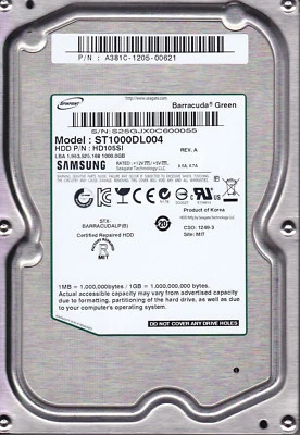 Samsung ST1000DL004 pn: HD105SI fw: 1AJ100E5 1TB SATA 3.5" A10-16 - Image 1 of 3
