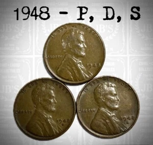 1948 P D S Lincoln Wheat Cents (3) Coins Average Circulated/Better *JB's Coins* - Picture 1 of 3