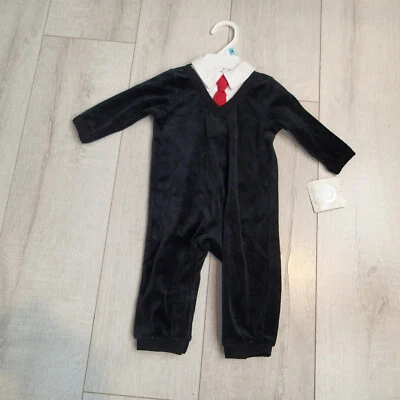 NWT Little Me Boys 6 Months Black Velour Holiday Suit Coverall with Red Tie $32 - Image 1 of 4