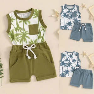 2PCS Toddler Baby Boy Summer Clothes Outfit Tree Print Tops and Shorts Sets - Picture 1 of 13