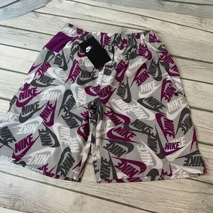 Nike Boys Shorts All over Print Nike And Swoosh Size M Purple Gray & White NEW - Picture 1 of 12