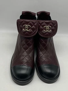 Chanel Burgundy Quilted Leather CC Logo Block Heel Ankle Booties sz 38.5 - Picture 1 of 7