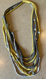 Handmade Grey Chartreuse Wood Beaded Stretch Jersey Fabric Multi Loop Necklace - Picture 1 of 23