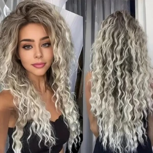 Long Curly Hair Glueless Brown Roots Ombre Ash Blonde Curly Wavy Wig for Women - Picture 1 of 24