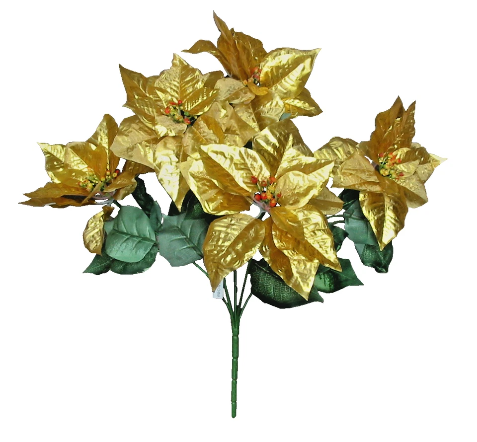 Metallic Gold Poinsettia 20" Bush Christmas Holiday Silk Flower In/Outdoor Decor - Image 1 of 1