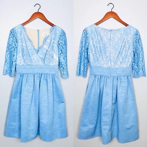 Eliza J Lace & Faille Fit & Flare Dress Blue Scalloped 3/4 Sleeves Sz 4 Small - Picture 1 of 8