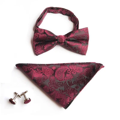 Men Paisley Pre-tied Tuxedo Bow Tie Cufflinks Handkerchiefs Pocket Square Set - Image 1 of 4
