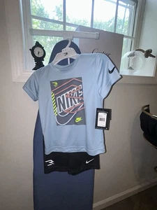 Nike Boys 2-Piece Outfit Size 6 NWT – Light Blue Tee & Black Shorts Athletic Set - Picture 1 of 2