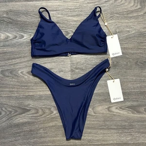 Bikini nuovo con etichette Quince Small italiano regolabile scollo a V gamba alta fondo sfacciato blu navy - Foto 1 di 8