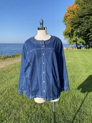 Quacker Factory Denim Jean Jacket Women 2X Studded Neck Cuffs Rhinestone Buttons - Image 1 of 4