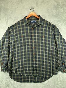 Mens Shirts Button Up XXL Polo Ralph Lauren Blue Plaid Rayon Vintage Long Sleeve