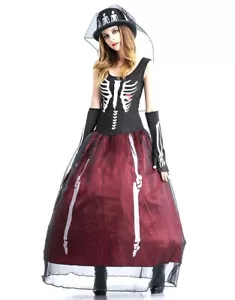 Womens Day of the Dead Fancy Dress Costume Ladies Halloween Skeleton Costume - Picture 1 of 3