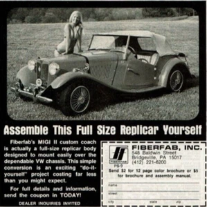 Anuncio impreso vintage Fiberfab MIGI II 1977 montaje de entrenador personalizado réplica de tamaño completo - Imagen 1 de 2
