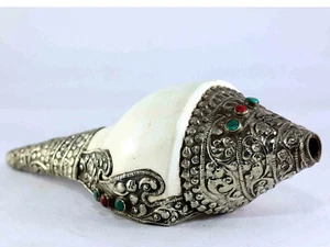 10" Tibetan Silver Blowing White Conch Shell Trumpet Ritual Turquoise Buddhist - Picture 1 of 3