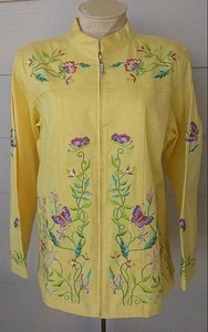 Quacker Factory Stretch Jacket Yellow BUTTERFLY Embroidered Flowers Zip MED 40" - Picture 1 of 8