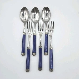 Vtg EME Inox 18/10 Stainless Flatware Cobalt 3 Forks & 3 Spoons~Italy Set of 6 - Picture 1 of 7