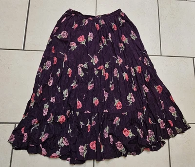 Sarah Arizona Tiered Crinkle Flare 100% Cotton Deep Purple Floral Skirt Medium - Image 1 of 4