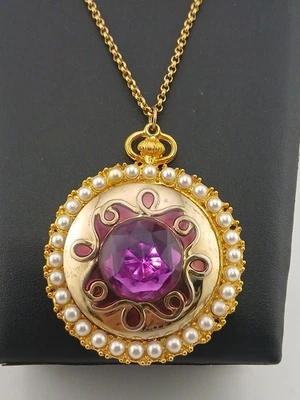 LEONORA DAME Collar Colgante Cadena Rolo Tono Dorado Perlas Imitación Piedras Púrpura  Foto 1 de 4