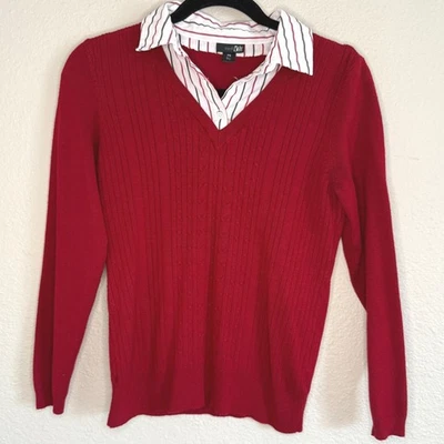 Suéter Y2K Mujer Pequeño Rojo Cable Cuello En Capas Preppy Sirena Oficina Foto 1 de 4