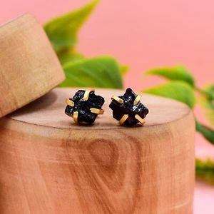Raw Black Tourmaline Stud Chunky Reiki Birthstone Minimalist Dainty Earrings - Picture 1 of 4