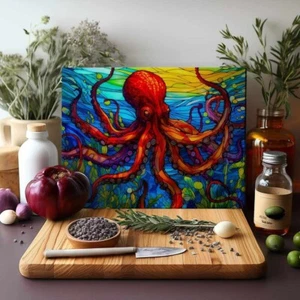 Stained Glass Look Red Octopus Ocean Glass Cutting Board - Picture 1 of 1
