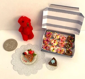 DOLLHOUSE FOOD: DONUTS in BOX, TINY RED BEAR, CAKES for TEDDY PICNIC or BARBIE - Picture 1 of 5