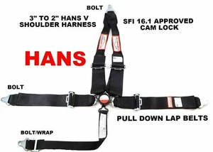 HANS CAM LOCK RACING HARNESS SFI 16.1 5 POINT 3" V ROLL BAR MOUNT BLACK - Photo 1 sur 5