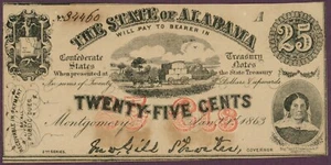 1863 Estado de Alabama AL 25c CR-6 Nº34460 (DL0605) - Imagen 1 de 2