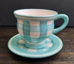 1998 Vintage Collectible "Turquoise Gingham"  Cup and Saucer By Cracker Barrel - Picture 1 of 11