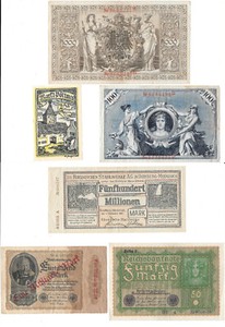 German Empire And Weimar Republic Collection Lot of 6 Banknotes 1908-1923 1A6.2