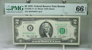 1976 $2 Federal Reserve Note Boston Star Note Fr#1935A* PMG 66EPQ #6332 - Picture 1 of 2