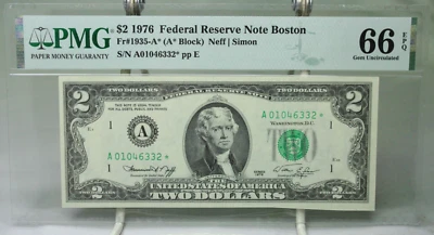 1976 $2 Federal Reserve Note Boston Star Note Fr#1935A* PMG 66EPQ #6332 - Image 1 of 2